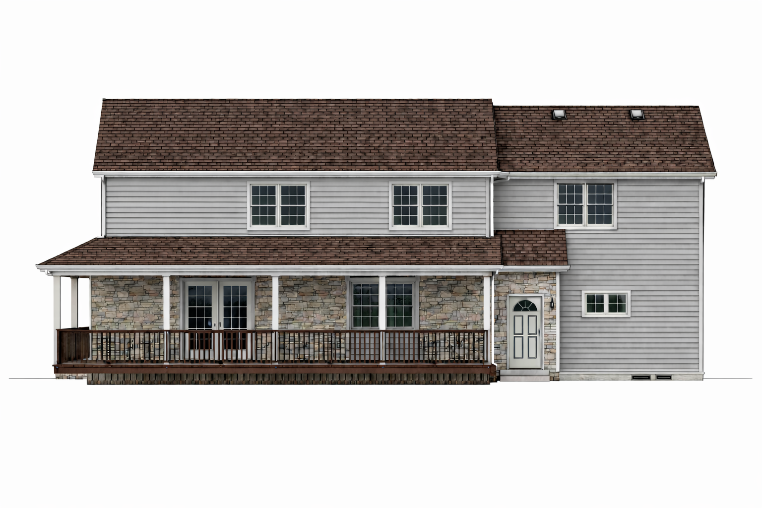 Home suburban house with stone veneer and deck